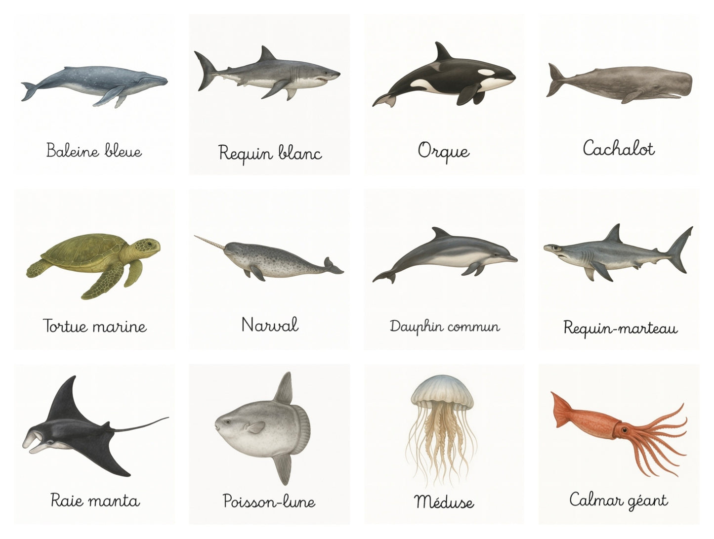 Pack de 12 cartes « les animaux marins réalistes »